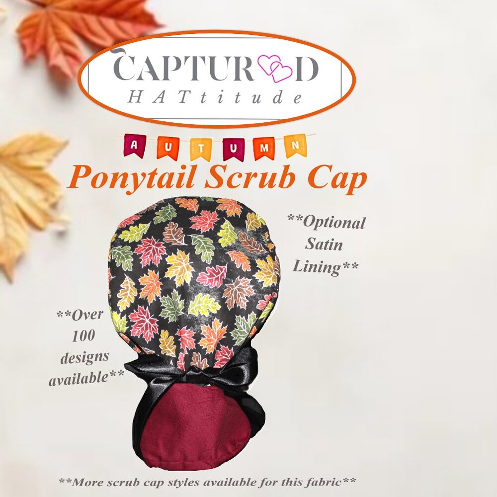 Autumn Leaves Sparkle Ponytail Scrub Cap, Handmade NWOT